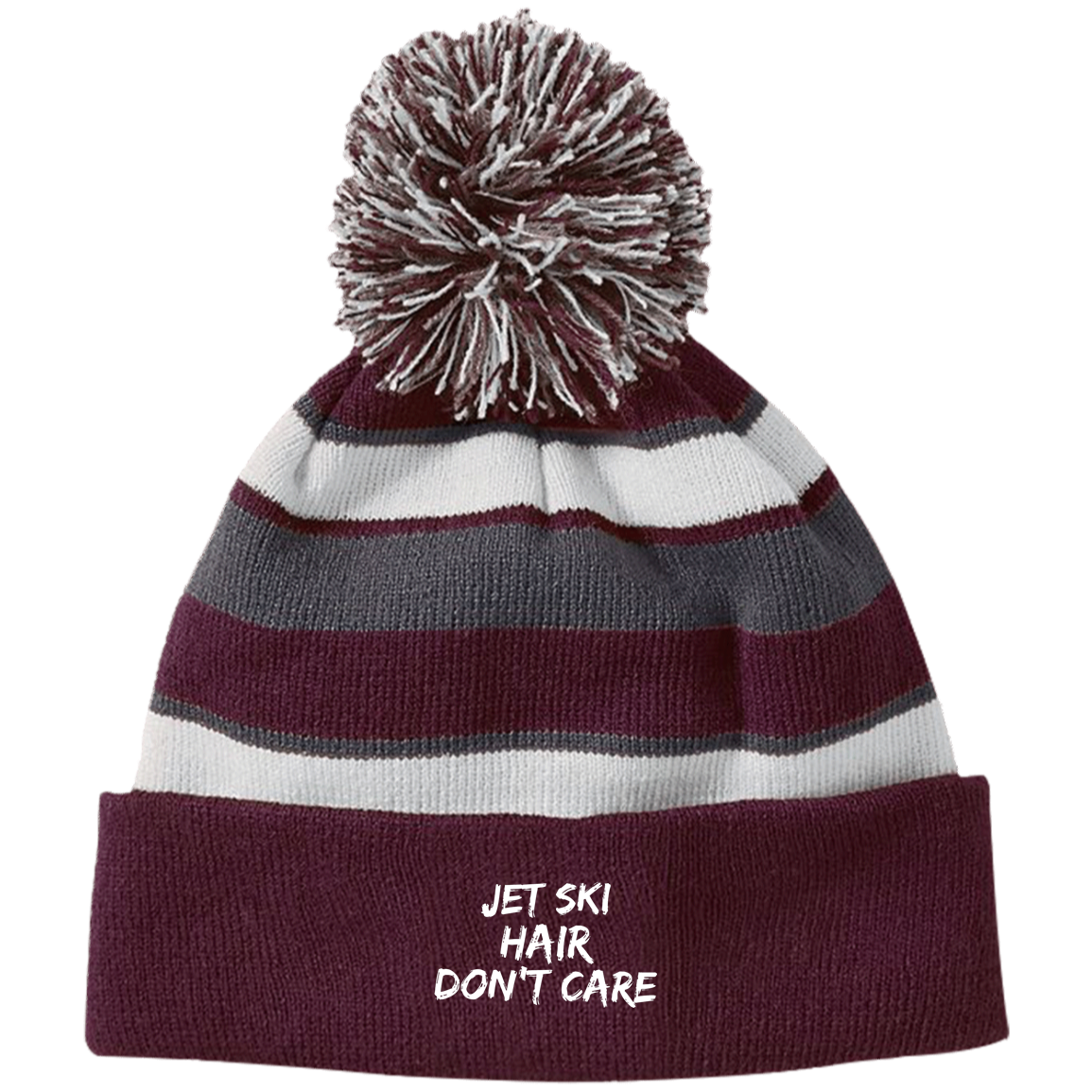 Jet Ski Hair Striped Beanie with Pom