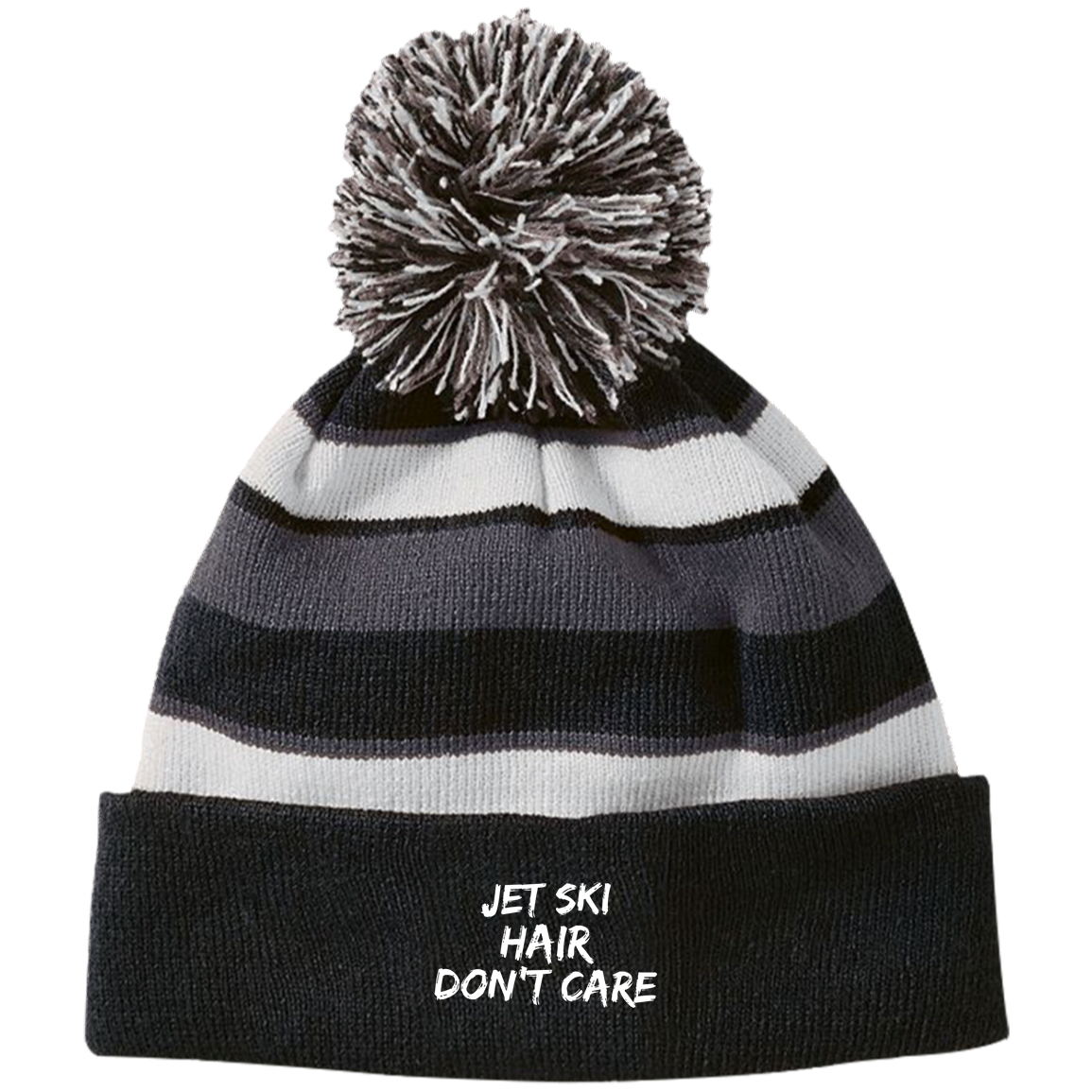 Jet Ski Hair Striped Beanie with Pom